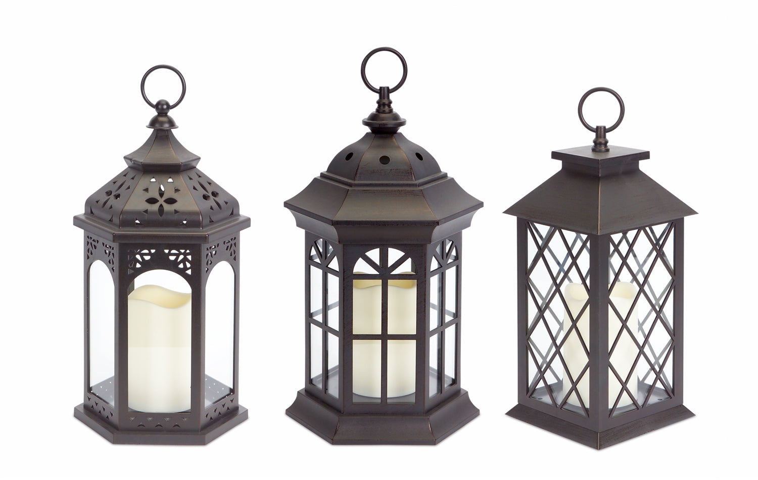 Lanterns w/LED Candle (Set of 3) w/6 Hour Timer 13"H Plastic/Glass