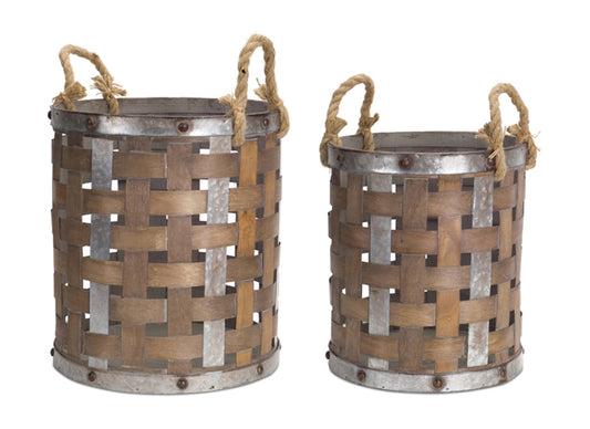 Pail with Rope Handle (Set of 2) 15.5"H, 18"H Wood/Metal