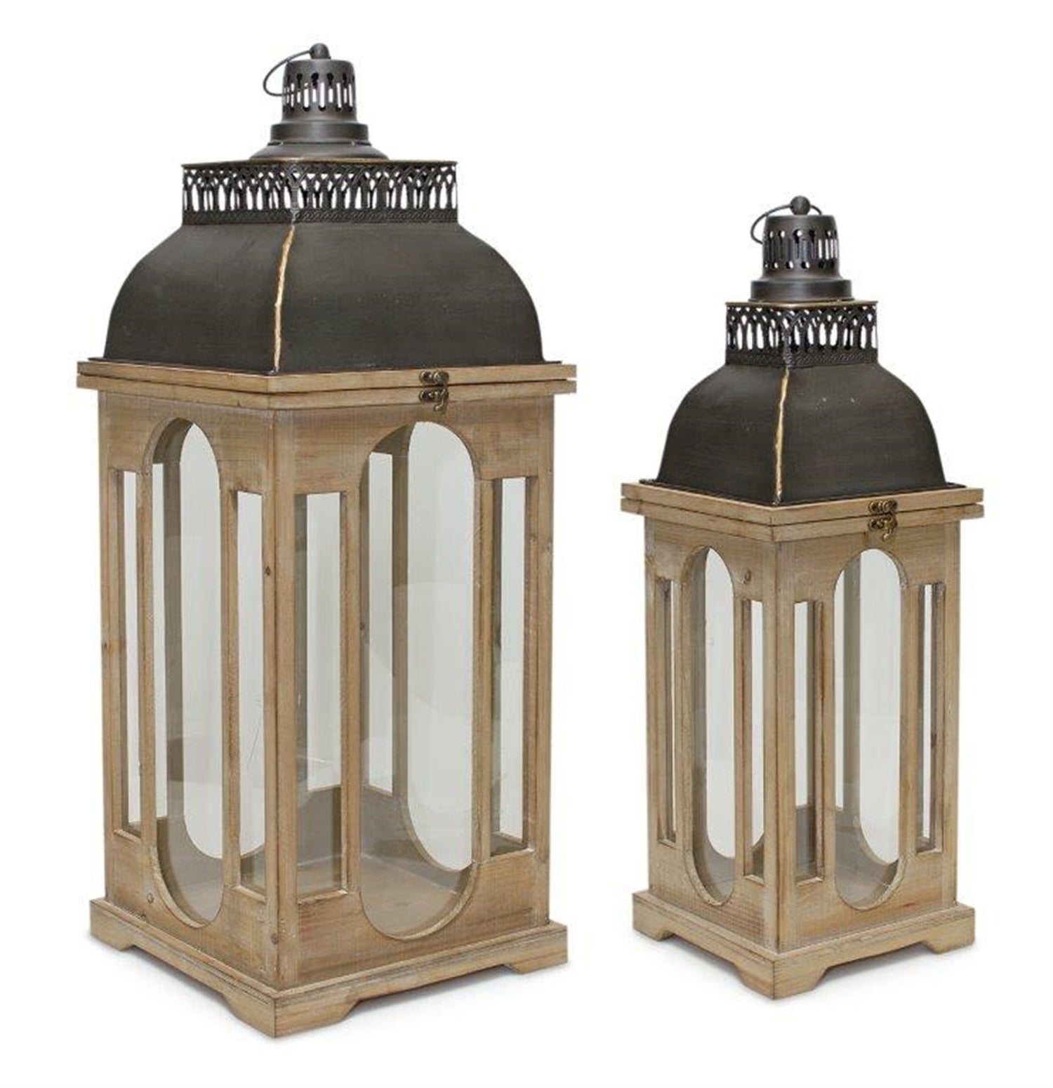 Lantern (Set of 2) 26.25"H, 32.25"H Iron/Wood/Glass