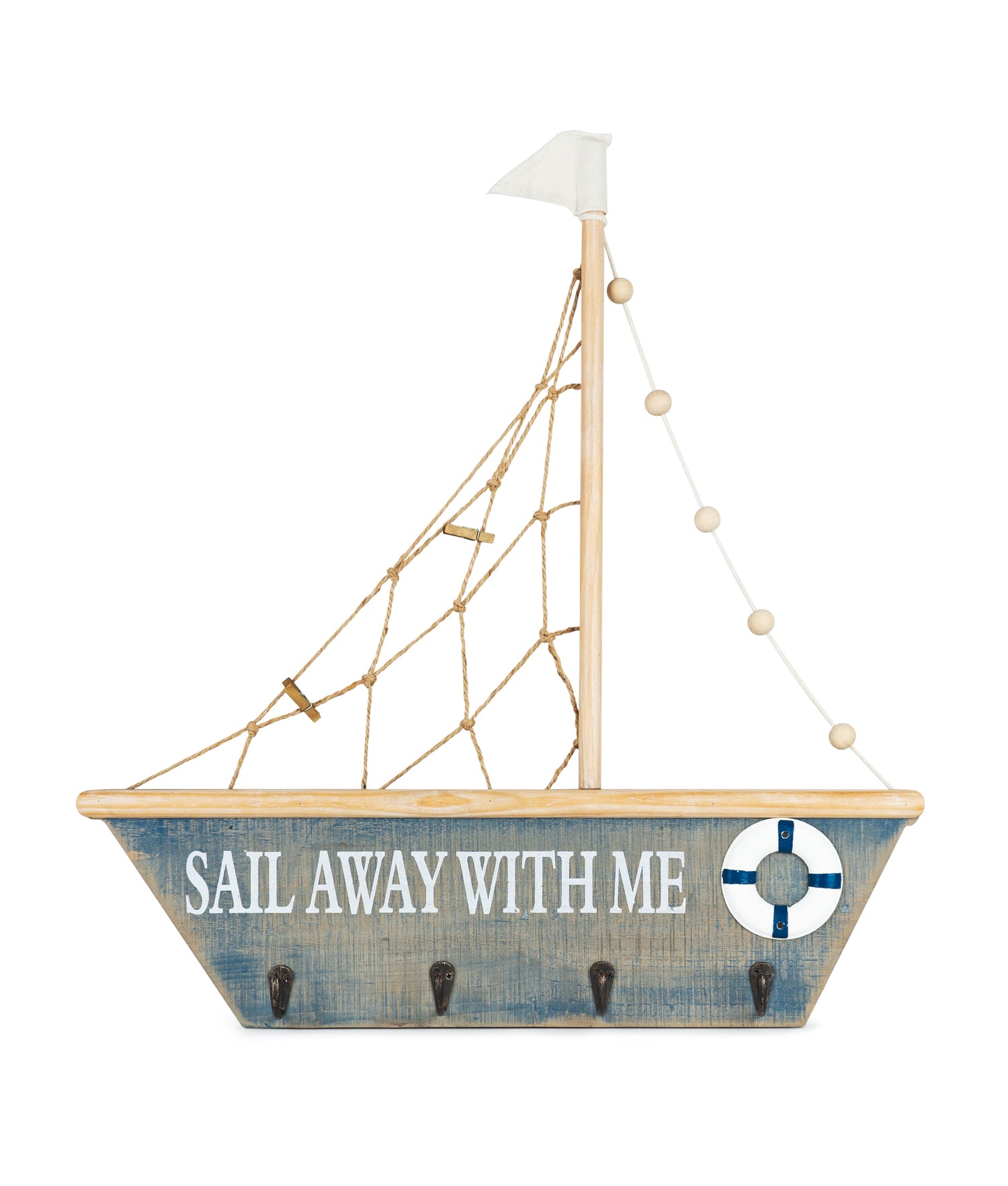 Sail Boat with Hooks 23"L x 24.5"H Wood