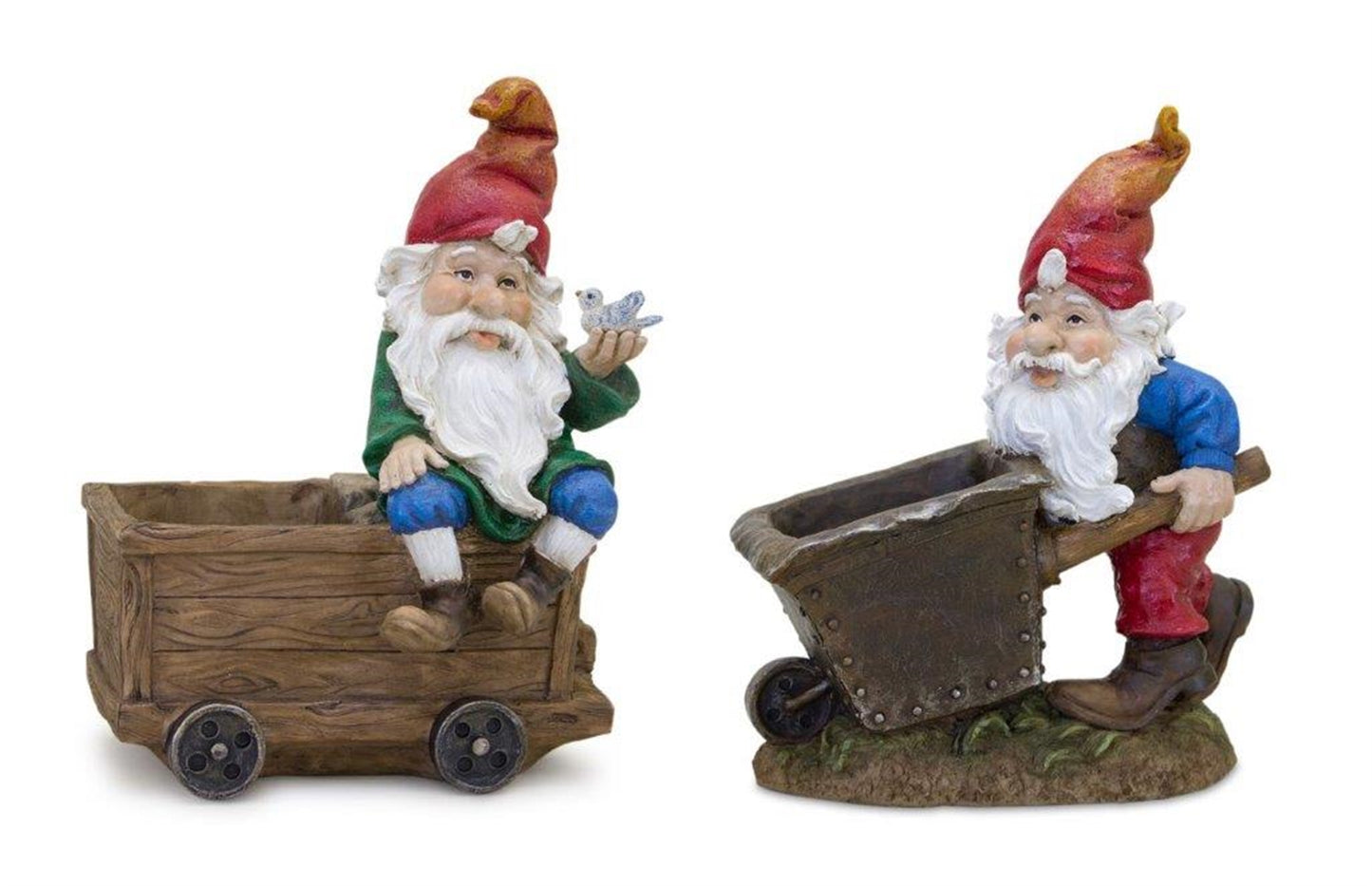 Gnome with Wheelbarrow & Wagon (Set of 2) 7"L x 8.25"H, 6.5"L x 9"H Resin