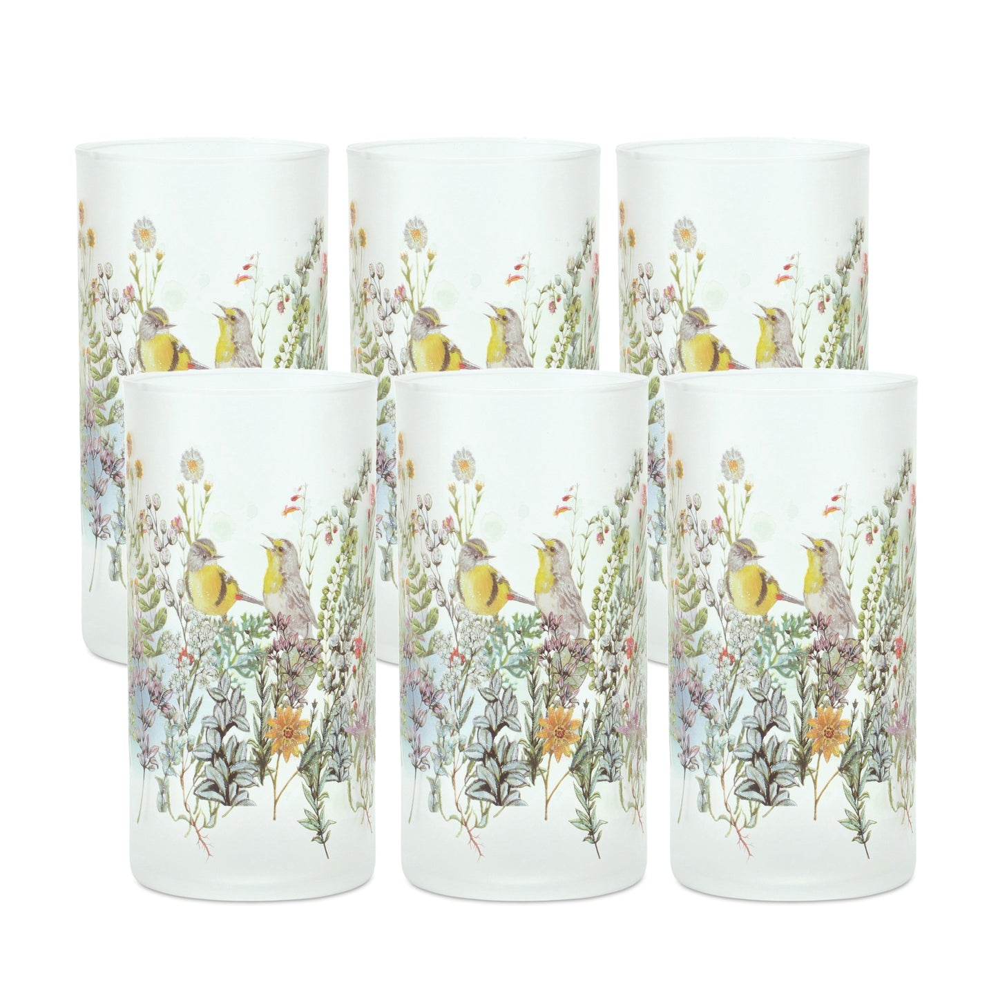 Bird and Floral Candle (Set of 6) Holder 4"D x 8"H Glass