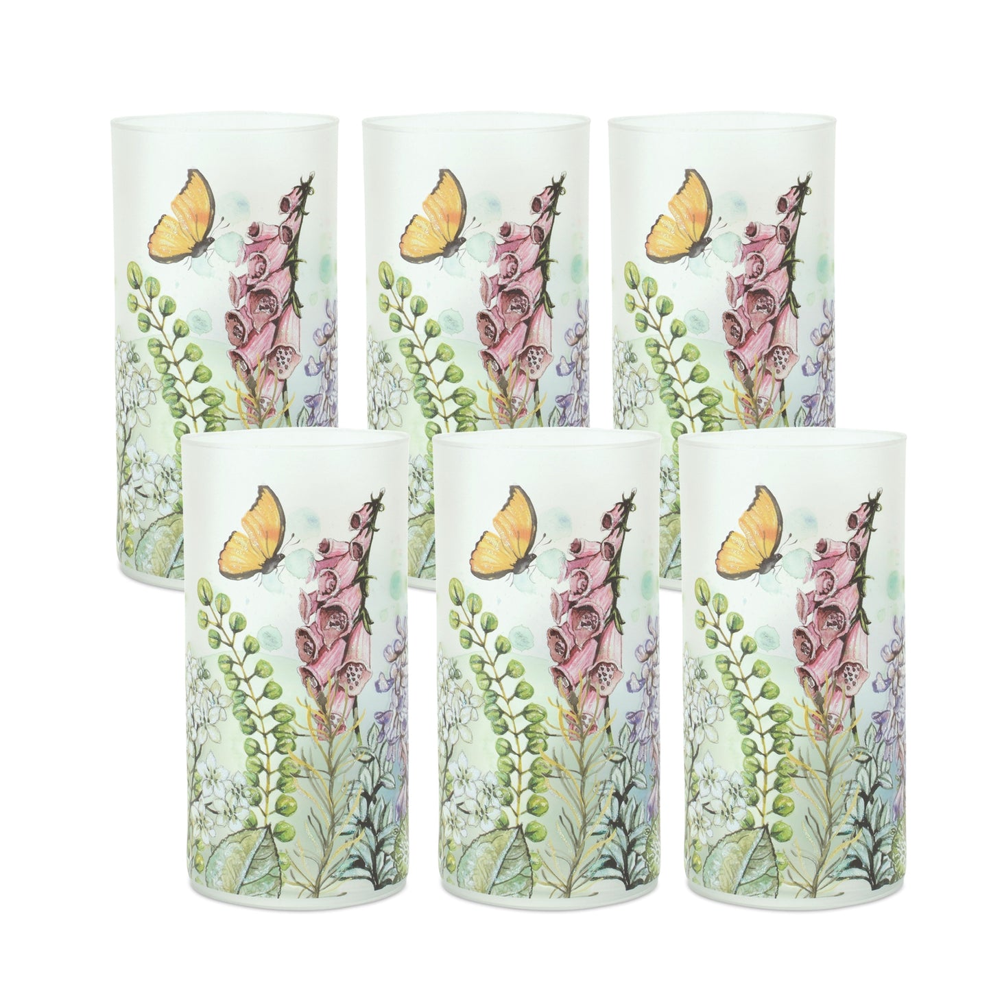 Foxglove and Butterfly Candle Holder (Set of 6) 4"D x 8"H Glass